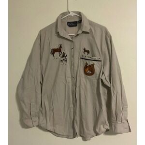 Las Olas Tan Embroidered Horse Horseshoe Med Button Up Shirt Womens Size 10